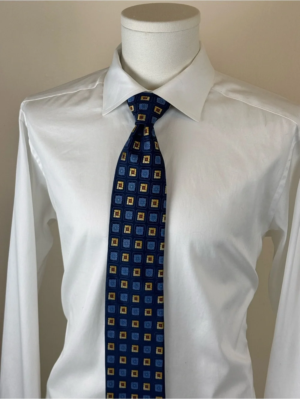 Robert Talbott Men’s Necktie XL Navy Silk Tie Blue & Yellow Geometric Squares